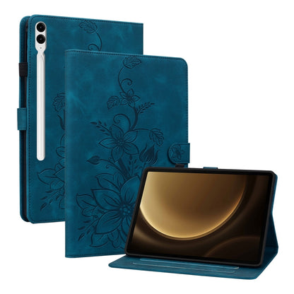 For Samsung Galaxy Tab S9+ / S9 FE+ Lily Embossed Leather Tablet Case(Dark Blue) - Galaxy Tab S9+ Cases by buy2fix | Online Shopping UK | buy2fix