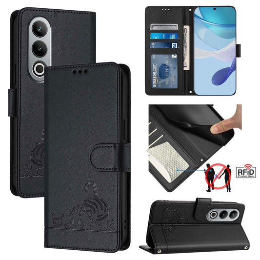 For OnePlus Nord CE4 5G Cat Rat Embossed Pattern RFID Leather Phone Case with Lanyard(Black) - OnePlus Cases by buy2fix | Online Shopping UK | buy2fix