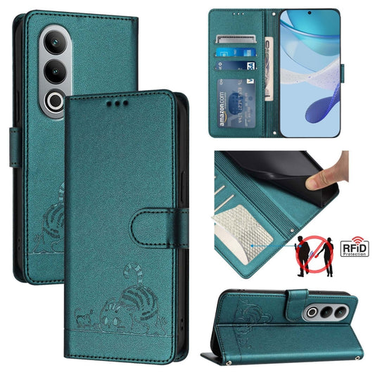 For OnePlus Nord CE4 5G Cat Rat Embossed Pattern RFID Leather Phone Case with Lanyard(Peacock Green) - OnePlus Cases by buy2fix | Online Shopping UK | buy2fix