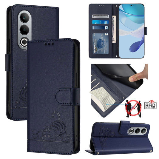 For OnePlus Nord CE4 5G Cat Rat Embossed Pattern RFID Leather Phone Case with Lanyard(Blue) - OnePlus Cases by buy2fix | Online Shopping UK | buy2fix