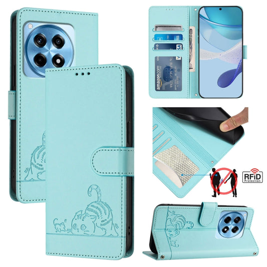 For OnePlus 12R 5G Global Cat Rat Embossed Pattern RFID Leather Phone Case with Lanyard(Mint Green) - OnePlus Cases by buy2fix | Online Shopping UK | buy2fix