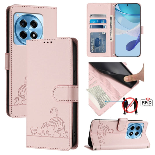 For OnePlus 12R 5G Global Cat Rat Embossed Pattern RFID Leather Phone Case with Lanyard(Pink) - OnePlus Cases by buy2fix | Online Shopping UK | buy2fix