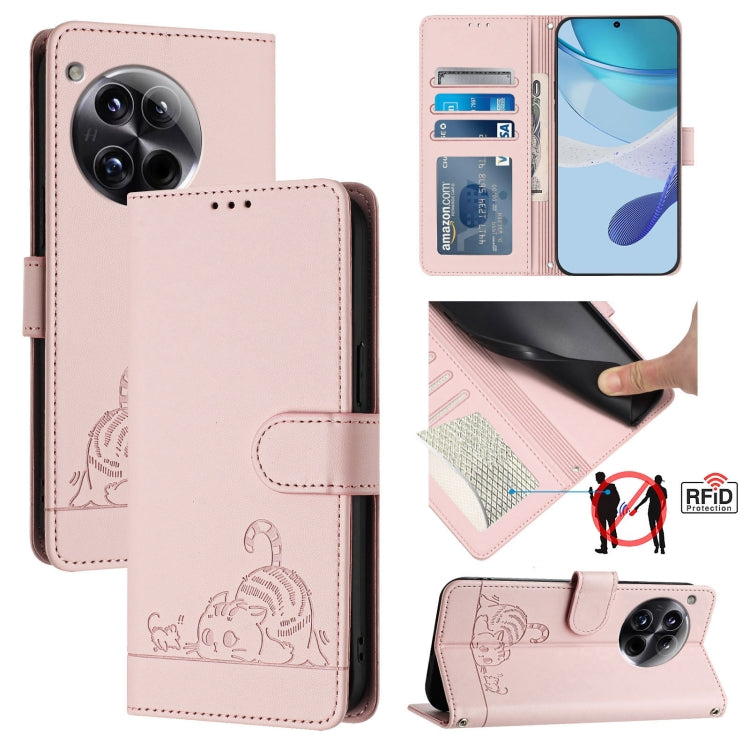 For OnePlus 12 5G Global Cat Rat Embossed Pattern RFID Leather Phone Case with Lanyard(Pink) - OnePlus Cases by buy2fix | Online Shopping UK | buy2fix