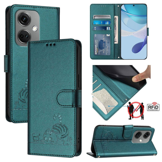 For OnePlus Nord CE3 5G India Cat Rat Embossed Pattern RFID Leather Phone Case with Lanyard(Peacock Green) - OnePlus Cases by buy2fix | Online Shopping UK | buy2fix