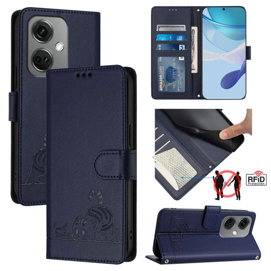 For OnePlus Nord CE3 5G India Cat Rat Embossed Pattern RFID Leather Phone Case with Lanyard(Blue) - OnePlus Cases by buy2fix | Online Shopping UK | buy2fix