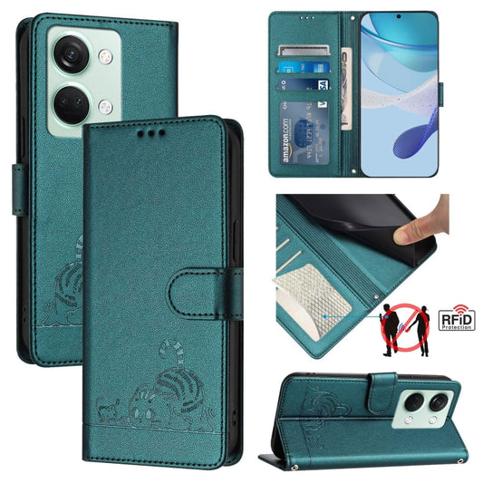 For OnePlus Ace 2V / Nord 3 Cat Rat Embossed Pattern RFID Leather Phone Case with Lanyard(Peacock Green) - OnePlus Cases by buy2fix | Online Shopping UK | buy2fix