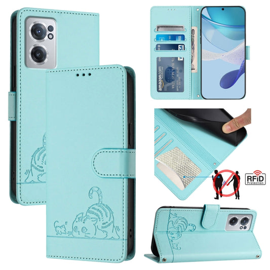 For OnePlus Nord CE 2 5G Cat Rat Embossed Pattern RFID Leather Phone Case with Lanyard(Mint Green) - OnePlus Cases by buy2fix | Online Shopping UK | buy2fix