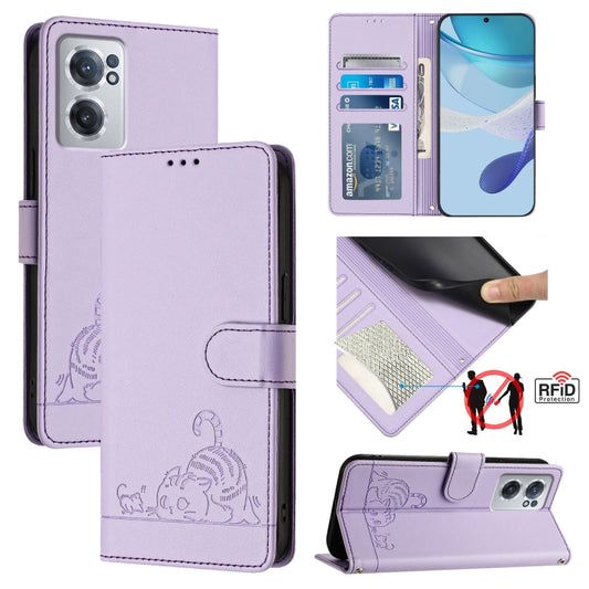 For OnePlus Nord CE 2 5G Cat Rat Embossed Pattern RFID Leather Phone Case with Lanyard(Purple) - OnePlus Cases by buy2fix | Online Shopping UK | buy2fix