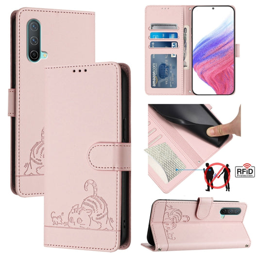 For OnePlus Nord CE 5G Cat Rat Embossed Pattern RFID Leather Phone Case with Lanyard(Pink) - OnePlus Cases by buy2fix | Online Shopping UK | buy2fix