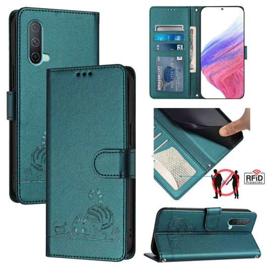 For OnePlus Nord CE 5G Cat Rat Embossed Pattern RFID Leather Phone Case with Lanyard(Peacock Green) - OnePlus Cases by buy2fix | Online Shopping UK | buy2fix