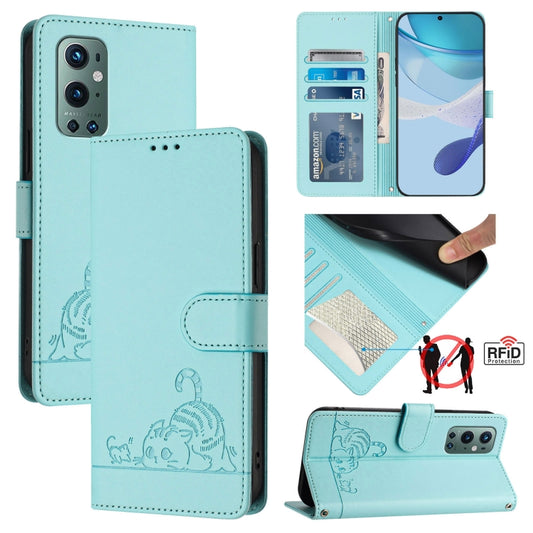 For OnePlus 9 Pro Cat Rat Embossed Pattern RFID Leather Phone Case with Lanyard(Mint Green) - OnePlus Cases by buy2fix | Online Shopping UK | buy2fix