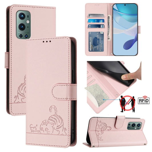 For OnePlus 9 Pro Cat Rat Embossed Pattern RFID Leather Phone Case with Lanyard(Pink) - OnePlus Cases by buy2fix | Online Shopping UK | buy2fix