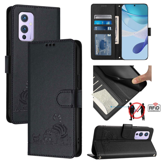 For OnePlus 9 Cat Rat Embossed Pattern RFID Leather Phone Case with Lanyard(Black) - OnePlus Cases by buy2fix | Online Shopping UK | buy2fix