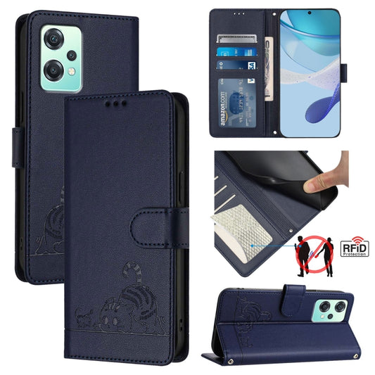 For OnePlus Nord 2 Lite Cat Rat Embossed Pattern RFID Leather Phone Case with Lanyard(Blue) - OnePlus Cases by buy2fix | Online Shopping UK | buy2fix