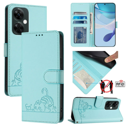 For OnePlus Nord CE 3 Lite 5G Cat Rat Embossed Pattern RFID Leather Phone Case with Lanyard(Mint Green) - OnePlus Cases by buy2fix | Online Shopping UK | buy2fix