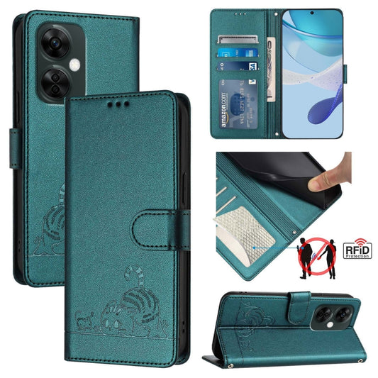 For OnePlus Nord CE 3 Lite 5G Cat Rat Embossed Pattern RFID Leather Phone Case with Lanyard(Peacock Green) - OnePlus Cases by buy2fix | Online Shopping UK | buy2fix