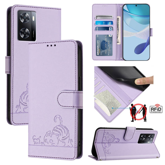 For OnePlus Nord N20 SE 4G Global Cat Rat Embossed Pattern RFID Leather Phone Case with Lanyard(Purple) - OnePlus Cases by buy2fix | Online Shopping UK | buy2fix