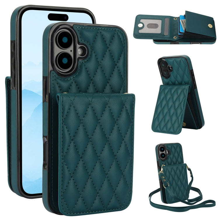 For iPhone 16 Plus YM015 Crossbody Rhombic Card Bag RFID Phone Case(Green) - iPhone 16 Plus Cases by buy2fix | Online Shopping UK | buy2fix