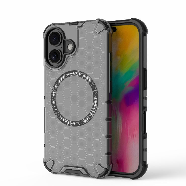 For iPhone 16 Honeycomb Magnetic Ring Shockproof Phone Case(Black) - iPhone 16 Cases by buy2fix | Online Shopping UK | buy2fix