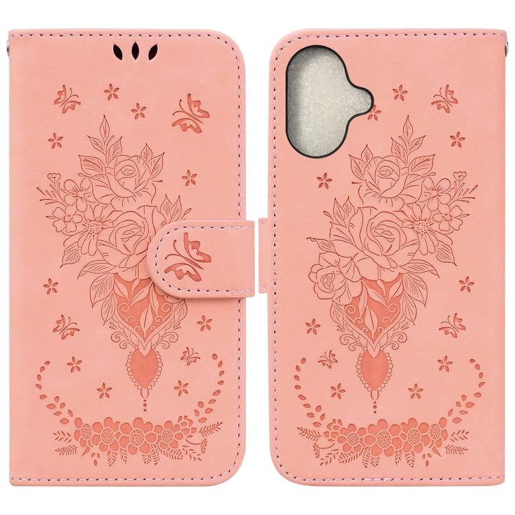 For iPhone 16 Butterfly Rose Embossed Leather Phone Case(Pink) - iPhone 16 Cases by buy2fix | Online Shopping UK | buy2fix