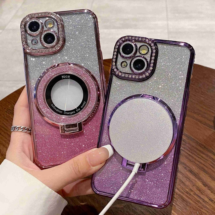 For iPhone 14 Gradient Glitter Diamond Plated Holder Magsafe Phone Case(Purple) - iPhone 14 Cases by buy2fix | Online Shopping UK | buy2fix