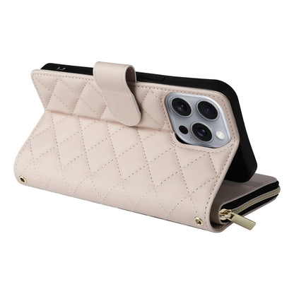 For iPhone 16 Pro Max Crossbody Rhombic Zipper Tower Buckle Leather Phone Case with Lanyard(Beige) - iPhone 16 Pro Max Cases by buy2fix | Online Shopping UK | buy2fix