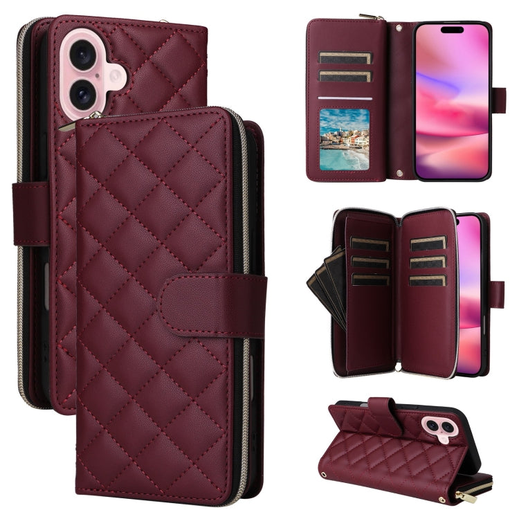 For iPhone 16 Crossbody Rhombic Zipper Tower Buckle Leather Phone Case with Lanyard(Wine Red) - iPhone 16 Cases by buy2fix | Online Shopping UK | buy2fix