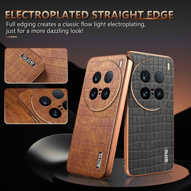 For vivo X100 Ultra AZNS Electroplated Frame Crocodile Texture Full Coverage Phone Case(Brown) - vivo Cases by AZNS | Online Shopping UK | buy2fix