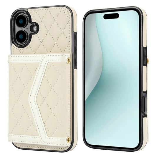 For iPhone 16 Splicing Rhombic Texture Card Bag Phone Case with Long Lanyard(Beige) - iPhone 16 Cases by buy2fix | Online Shopping UK | buy2fix