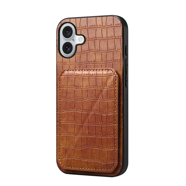 For iPhone 16 Imitation Crocodile Leather Back Phone Case with Holder(Brown) - iPhone 16 Cases by buy2fix | Online Shopping UK | buy2fix