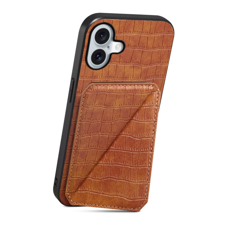 For iPhone 16 Plus Imitation Crocodile Leather Back Phone Case with Holder(Brown) - iPhone 16 Plus Cases by buy2fix | Online Shopping UK | buy2fix