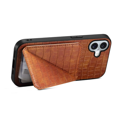 For iPhone 16 Plus Imitation Crocodile Leather Back Phone Case with Holder(Brown) - iPhone 16 Plus Cases by buy2fix | Online Shopping UK | buy2fix