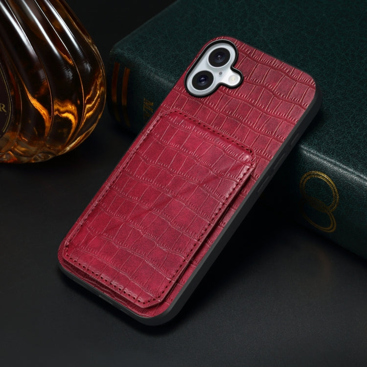 For iPhone 16 Plus Imitation Crocodile Leather Back Phone Case with Holder(Rose Red) - iPhone 16 Plus Cases by buy2fix | Online Shopping UK | buy2fix