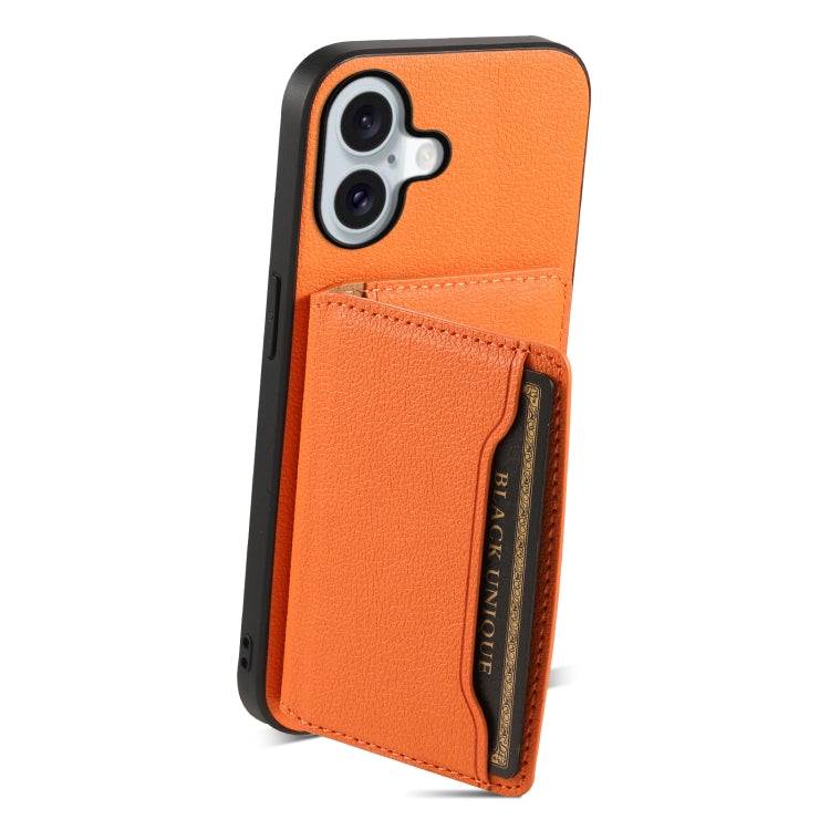 For iPhone 16 Plus Calf Texture Card Bag Design Full Coverage Phone Case(Orange) - iPhone 16 Plus Cases by buy2fix | Online Shopping UK | buy2fix