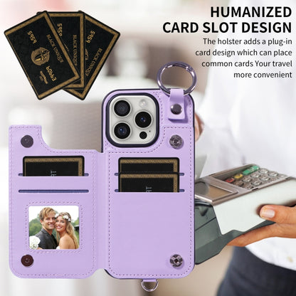 For iPhone 16 Pro Rhombic Texture Card Bag Phone Case with Short Lanyard(Purple) - iPhone 16 Pro Cases by buy2fix | Online Shopping UK | buy2fix