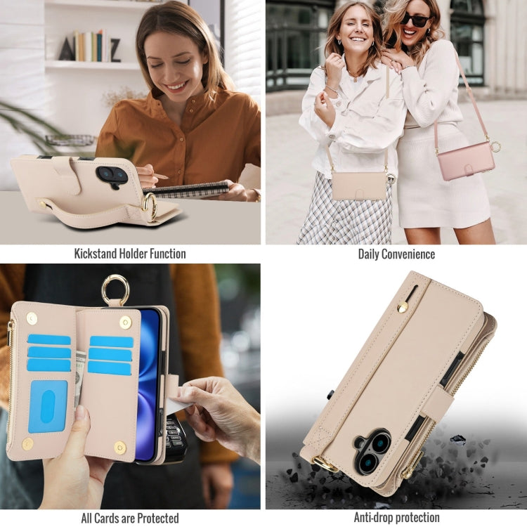 For iPhone 16 Plus Crossbody Ring Multifunctional Wallet Leather Phone Case(White) - iPhone 16 Plus Cases by buy2fix | Online Shopping UK | buy2fix