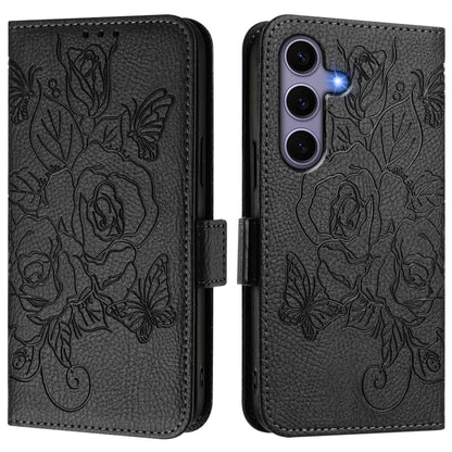 For Samsung Galaxy S25 5G Embossed Rose RFID Anti-theft Leather Phone Case(Black) - Galaxy S25 5G Cases by buy2fix | Online Shopping UK | buy2fix