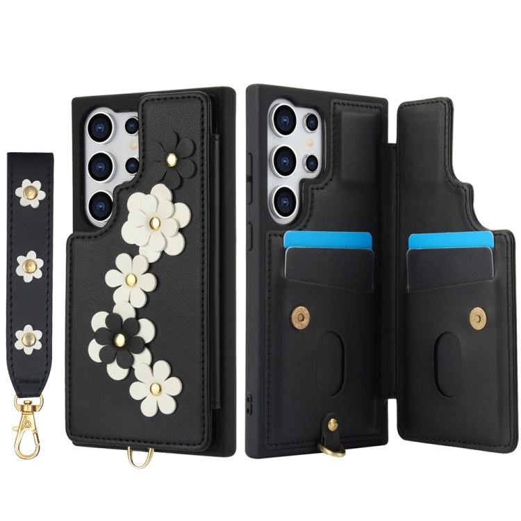 For Samsung Galaxy S25 Ultra 5G Crossbody Flower Pattern Leather Phone Case(Black) - Galaxy S25 Ultra 5G Cases by buy2fix | Online Shopping UK | buy2fix