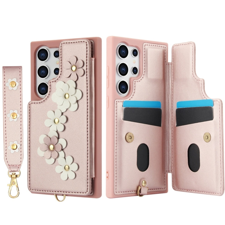 For Samsung Galaxy S25 Ultra 5G Crossbody Flower Pattern Leather Phone Case(Rose Gold) - Galaxy S25 Ultra 5G Cases by buy2fix | Online Shopping UK | buy2fix