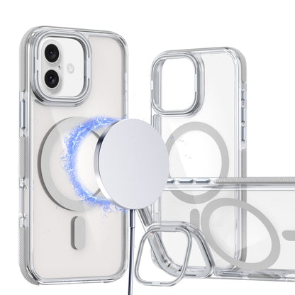 For iPhone 16 Dual-Color Clear Acrylic Hybrid TPU Lens Flip Holder MagSafe Phone Case(Grey) - iPhone 16 Cases by buy2fix | Online Shopping UK | buy2fix