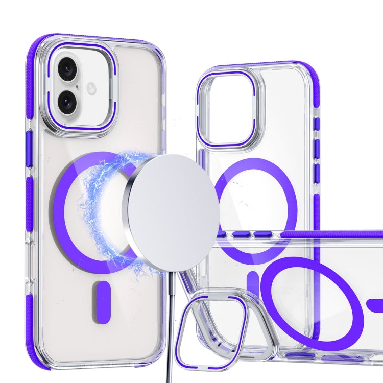 For iPhone 16 Dual-Color Clear Acrylic Hybrid TPU Lens Flip Holder MagSafe Phone Case(Purple) - iPhone 16 Cases by buy2fix | Online Shopping UK | buy2fix