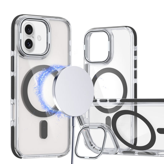 For iPhone 16 Plus Dual-Color Clear Acrylic Hybrid TPU Lens Flip Holder MagSafe Phone Case(Black) - iPhone 16 Plus Cases by buy2fix | Online Shopping UK | buy2fix