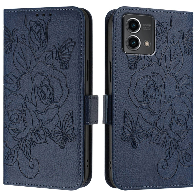 For Motorola Moto G Stylus 5G 2024 Embossed Rose RFID Anti-theft Leather Phone Case(Dark Blue) - Motorola Cases by buy2fix | Online Shopping UK | buy2fix