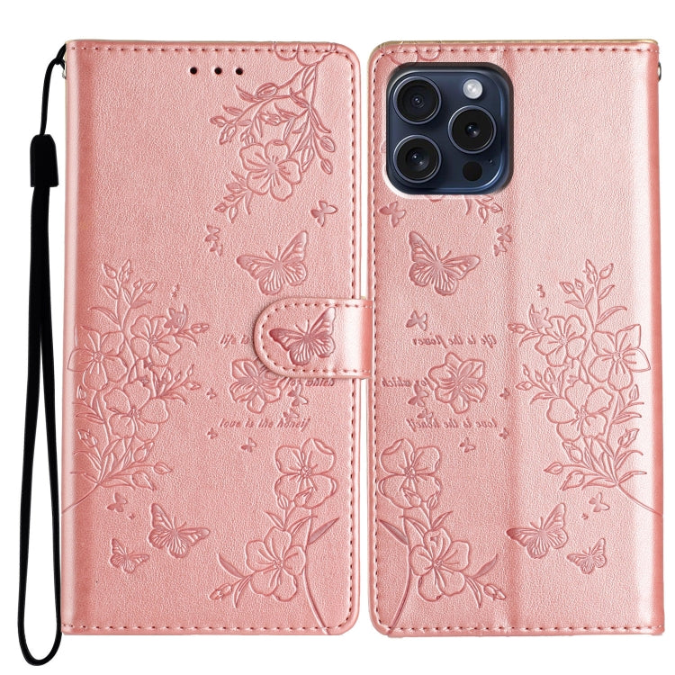 For iPhone 16 Pro Max Butterflies and Flowers Leather Phone Case(Rose Gold) - iPhone 16 Pro Max Cases by buy2fix | Online Shopping UK | buy2fix