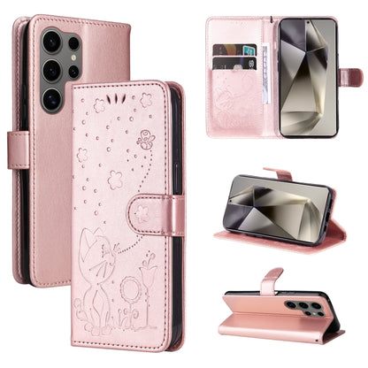 For Samsung Galaxy S25 Ultra 5G Cat and Bee Embossed Flip Leather Phone Case(Rose Gold) - Galaxy S25 Ultra 5G Cases by buy2fix | Online Shopping UK | buy2fix