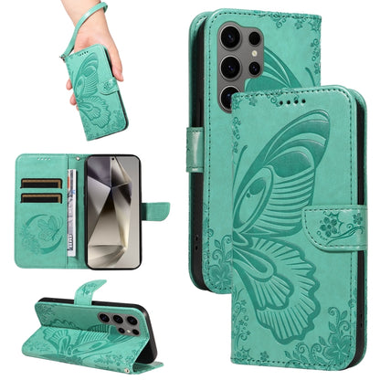 For Samsung Galaxy S25 Ultra 5G Swallowtail Butterfly Embossed Leather Phone Case(Green) - Galaxy S25 Ultra 5G Cases by buy2fix | Online Shopping UK | buy2fix