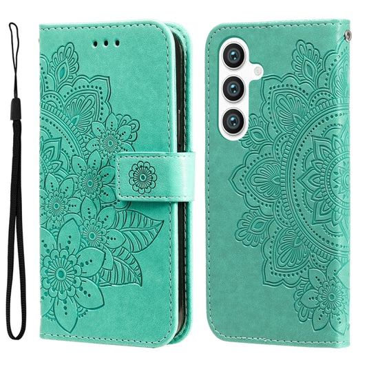 For Samsung Galaxy S25 5G Seven-petal Flowers Embossing Leather Phone Case(Green) - Galaxy S25 5G Cases by buy2fix | Online Shopping UK | buy2fix