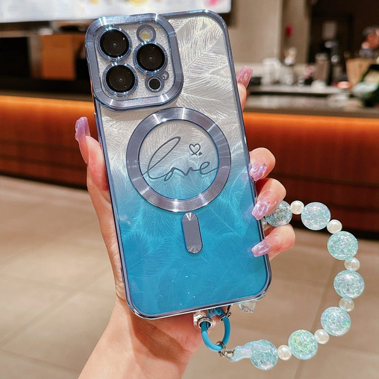 For iPhone 16 Pro Dual-Love Feather  Gradient Glitter Bracelets Magsafe TPU Phone Case(Blue) - iPhone 16 Pro Cases by buy2fix | Online Shopping UK | buy2fix