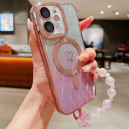 For iPhone 12 Loves Leaves Gradient Glitter Bracelets Carbon Fiber Magsafe TPU Phone Case(Pink) - iPhone 12 / 12 Pro Cases by buy2fix | Online Shopping UK | buy2fix