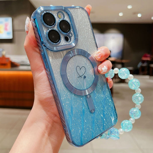 For iPhone 11 Pro Max Loves Leaves Gradient Glitter Bracelets Carbon Fiber Magsafe TPU Phone Case(Blue) - iPhone 11 Pro Max Cases by buy2fix | Online Shopping UK | buy2fix